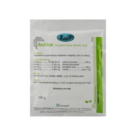 Huvepharma Antitox Urinary & Kidney Tonic and Anti-Infection Recovery 100g for Poultry & Rabbits